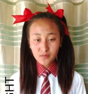 A young girl with long hair and red bow tie.