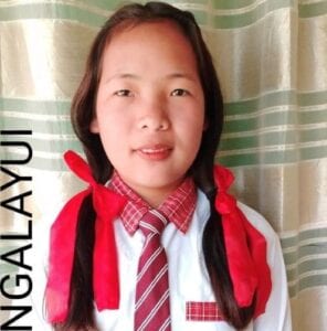 A girl with long hair and red tie.