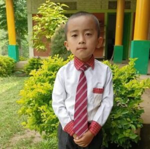 A young boy in a tie standing next to some bushes