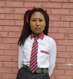 A girl in school uniform with pigtails and a tie.