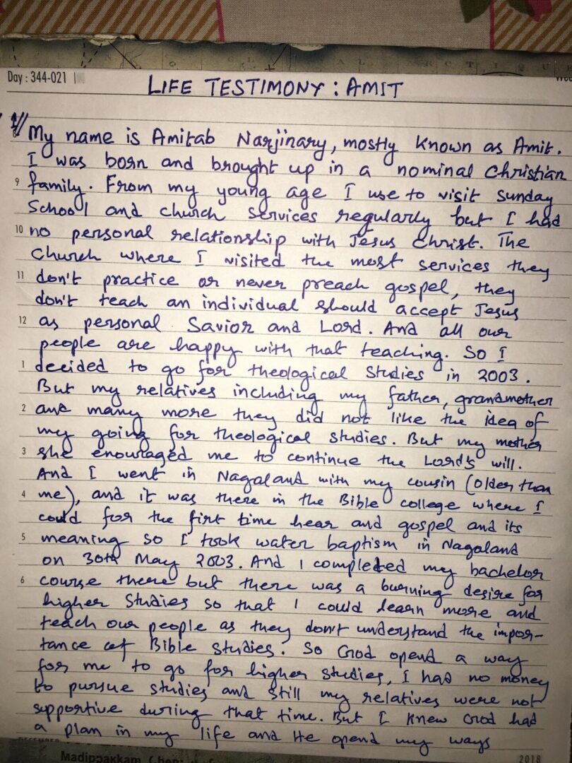 Amit Testimony 1 A handwritten letter is shown on top of a piece of paper.