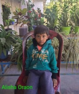 A boy sitting in a chair with plants around him.