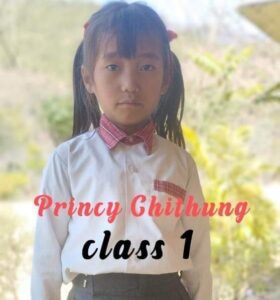 A girl in school uniform with the words " princy chitung class 1 ".
