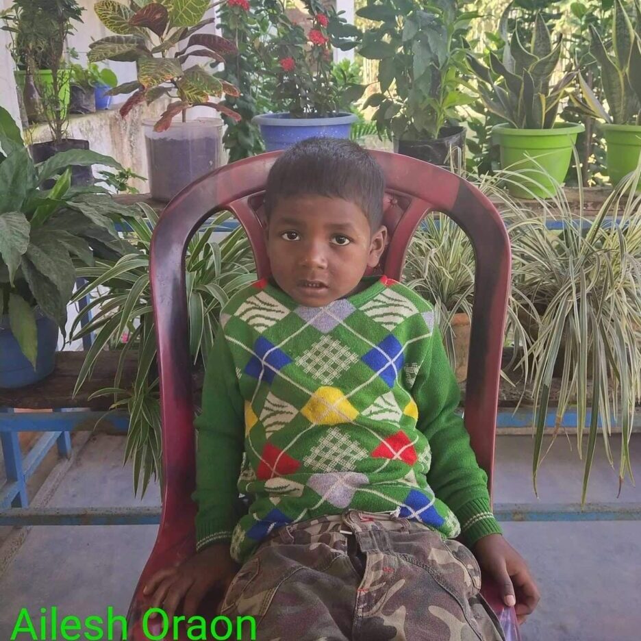 A young boy sitting in a chair with plants behind him.