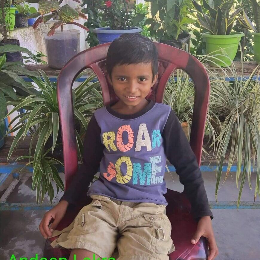 A boy sitting in a chair with plants around him.