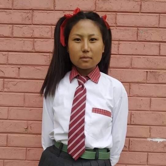 A girl in school uniform with pigtails and a tie.